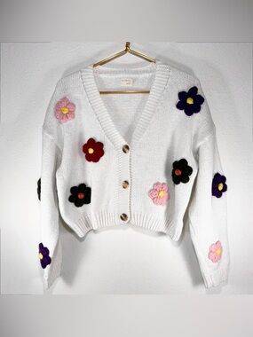 Dreamers By Debut Daisy Floral Knit 3D Cardigan Sweater White Size M Chunky